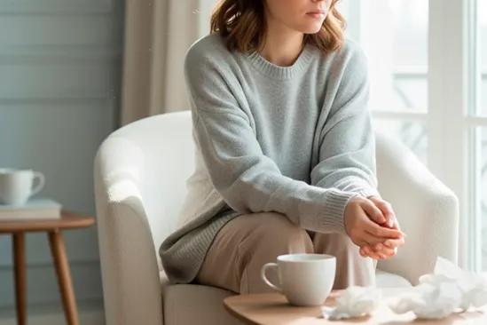 Женщина сидит у окна Женщина в депрессии сидит у окна